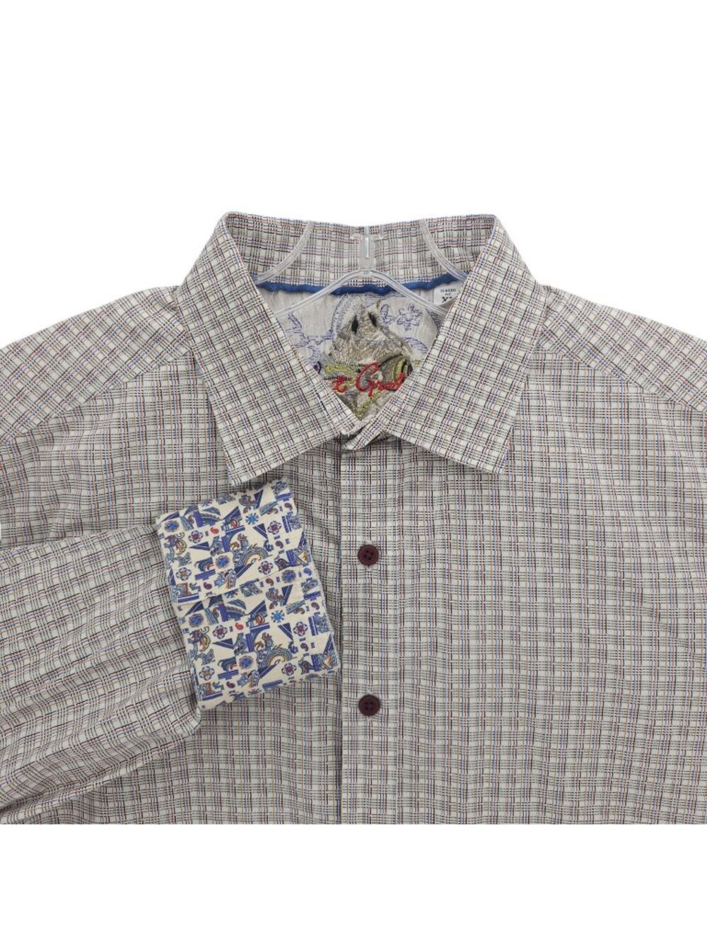 ROBERT GRAHAM Flip Cuff LS Shirt Check Geometric Classic Fit 100% Cotton XL